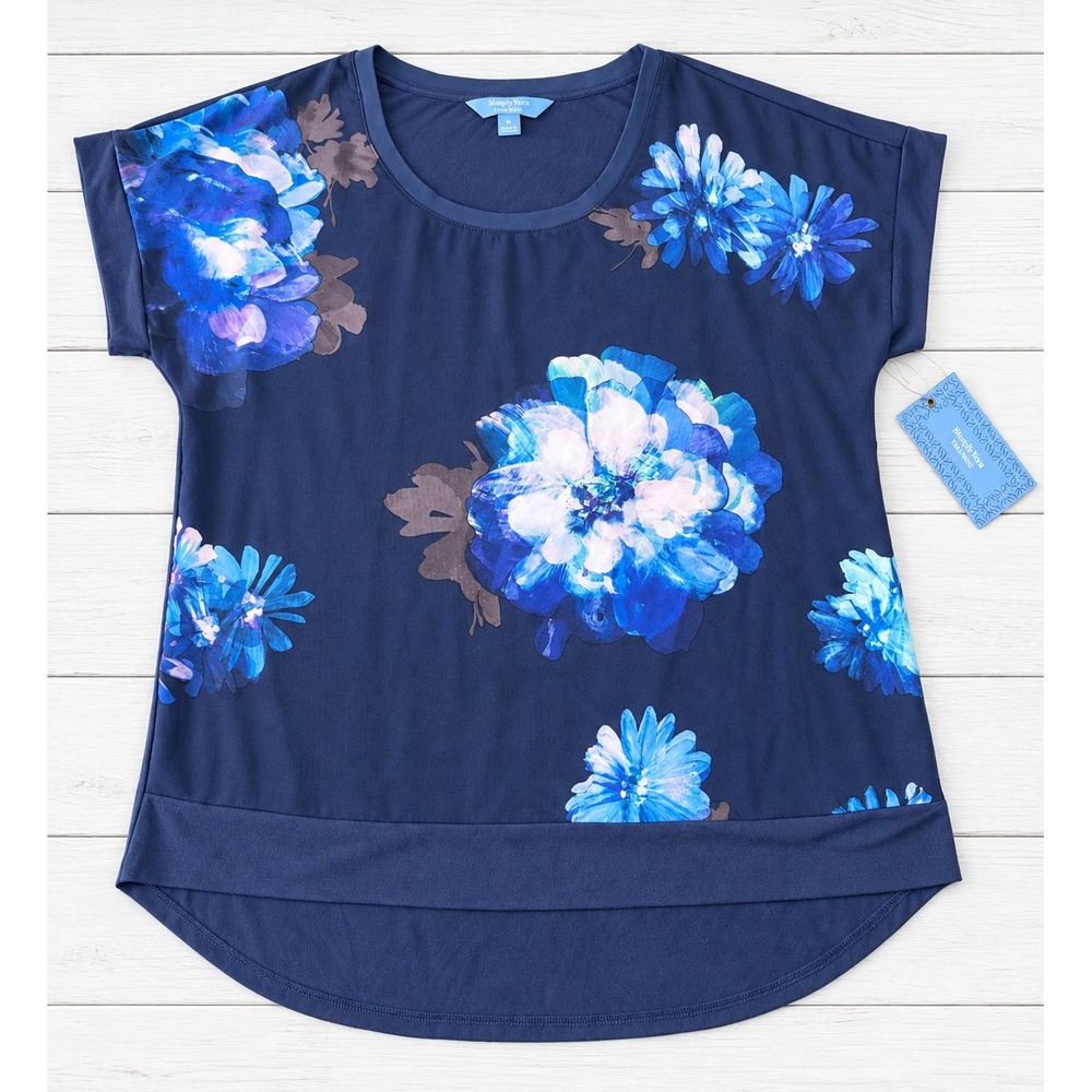 Simply Vera Vera Wang Floral Casual Short Sleeve High Low Top Navy Blue M NWT